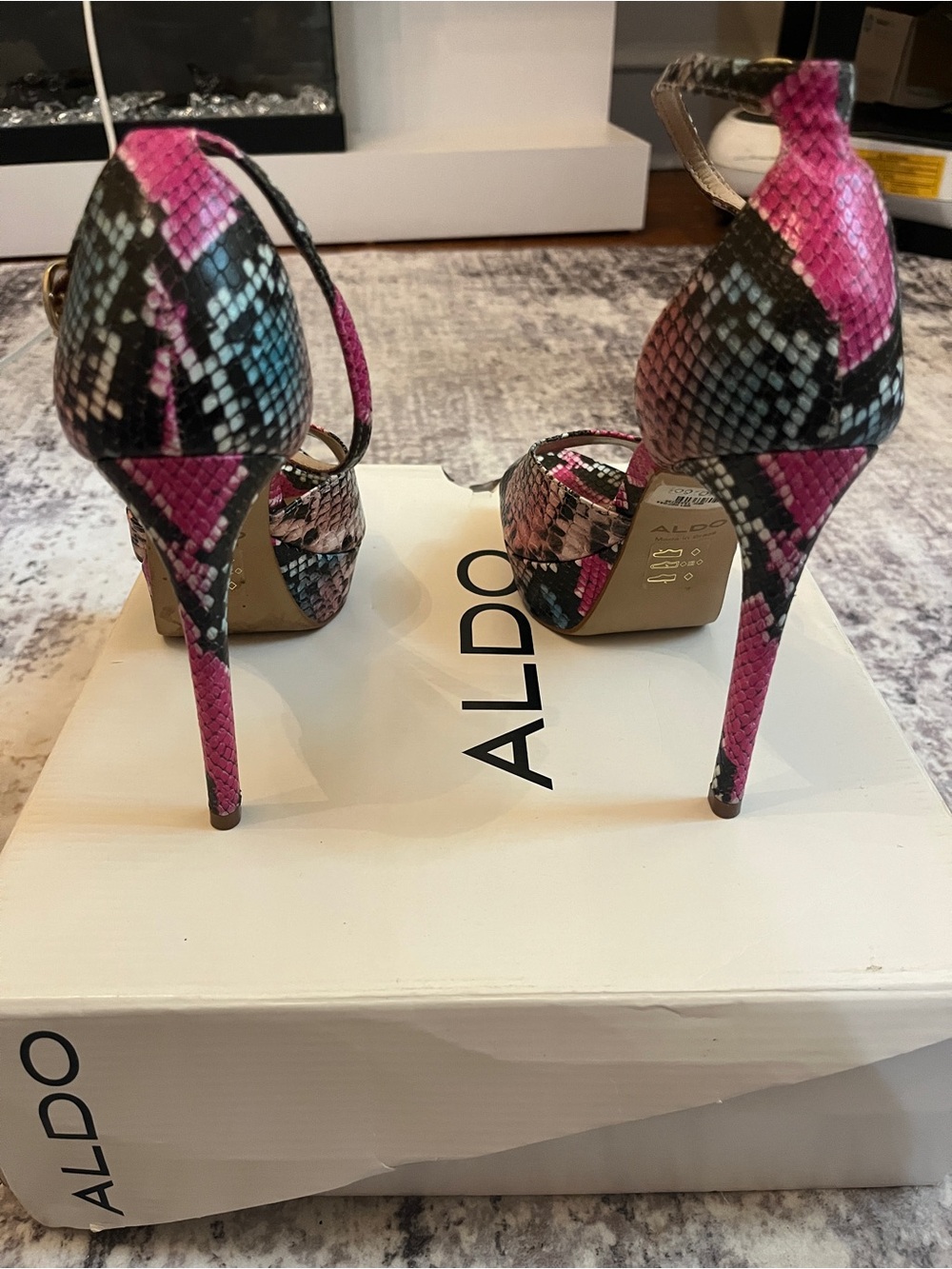 ALDO Pink and Black Snake-Print Pointed Ankle-Strap Heels - Picture 3 of 3